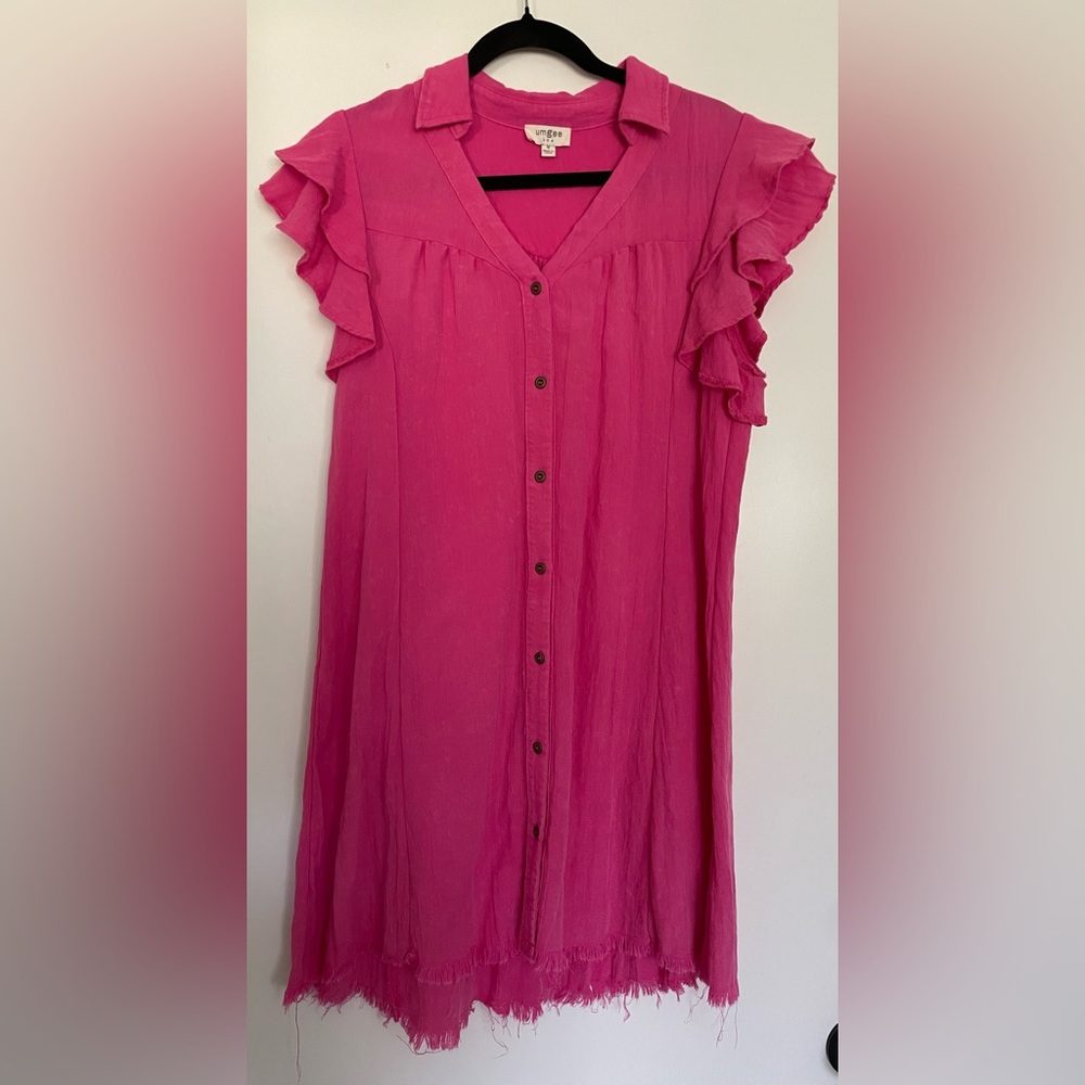 Umgee Pink Button Front Tiered Shirt Dress Frayed Hem - Size M